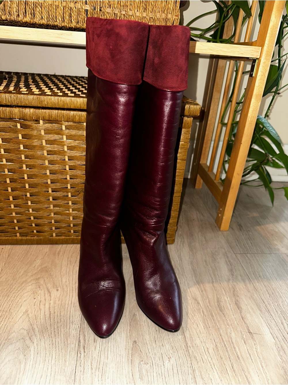 Vintage Tall Burgundy Leather Boots with Fold-Over Suede Cuff